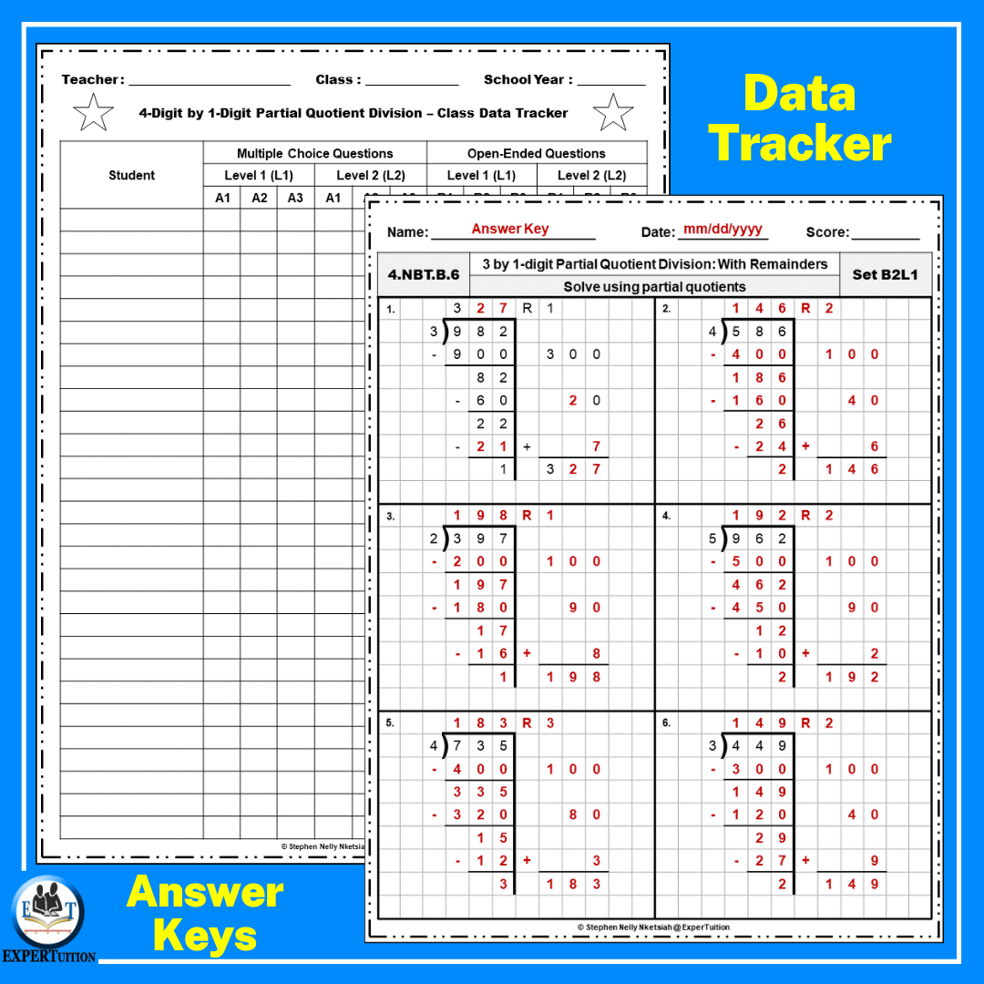Partial Quotients Division With And Without Remainders Practice Worksheets Bundle Made By Teachers 4 Digit By 1 Digit Partial Quotients Division With And Without Remainders Practice Worksheets Made By Teachers