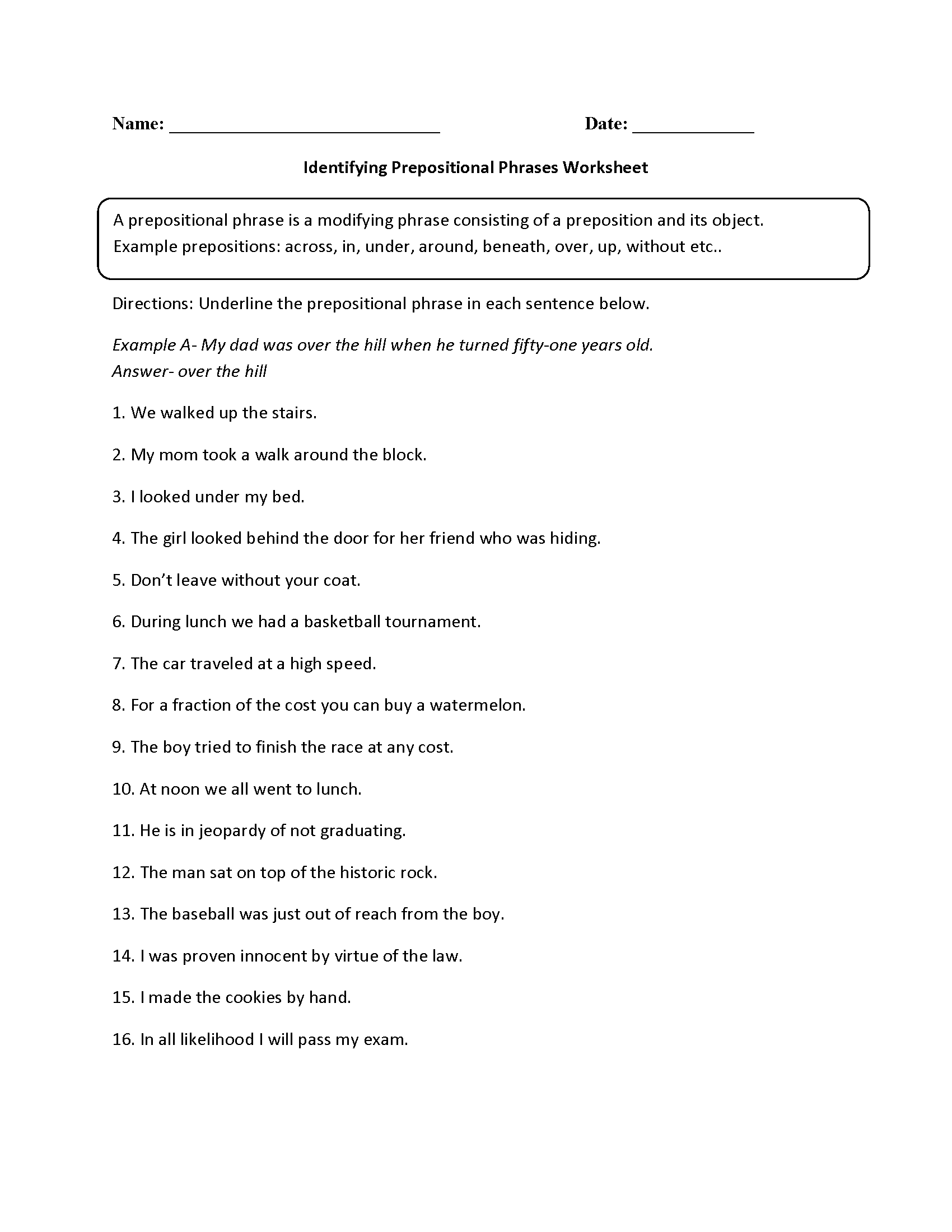 Parts Of A Sentence Worksheets Prepositional Phrase Worksheets