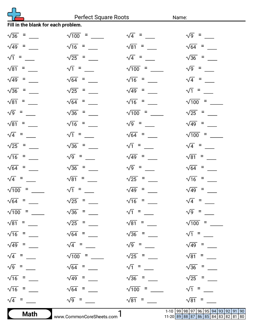Free Printable Square Root Charts