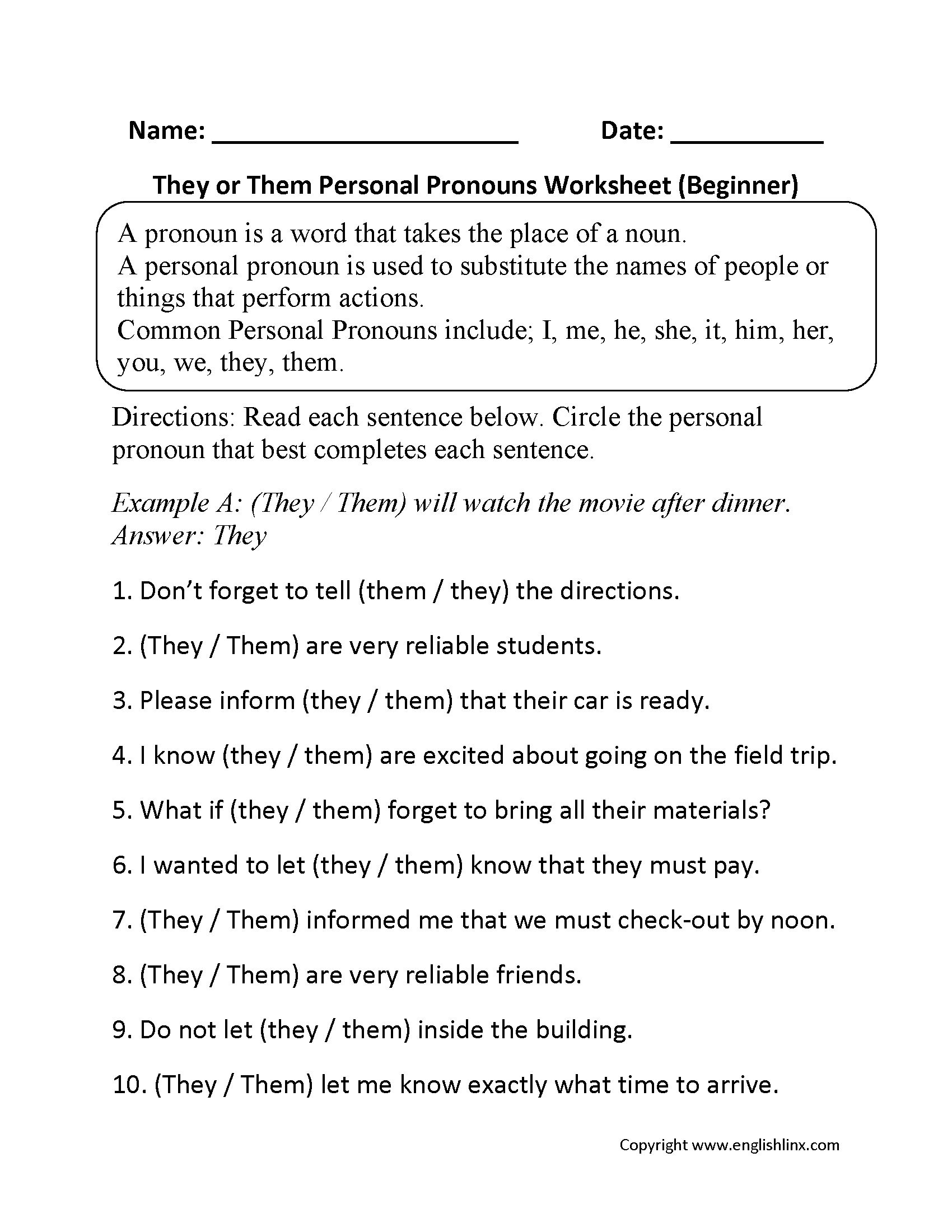 Personal Pronouns Worksheets They Or Them Personal Pronouns Worksheets Beginner