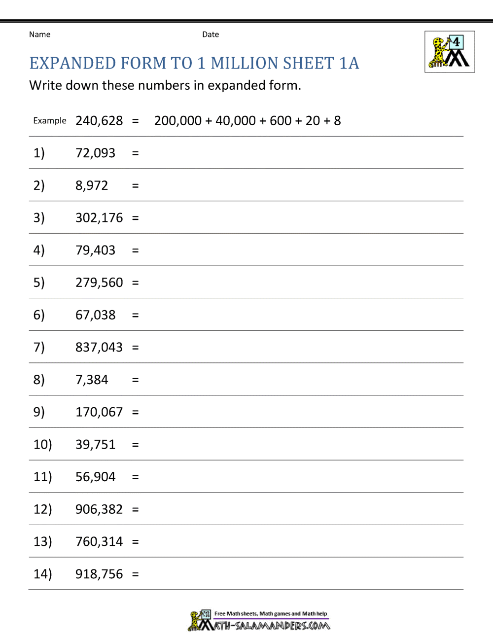 Place Value Worksheet Up To 10 Million Place Value 4 Digit Numbers