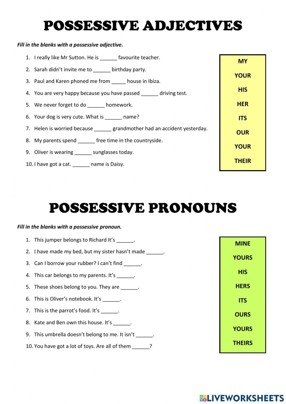 POSSESSIVE ADJECTIVES POSSESSIVE PRONOUNS ESL Worksheet By Jecika
