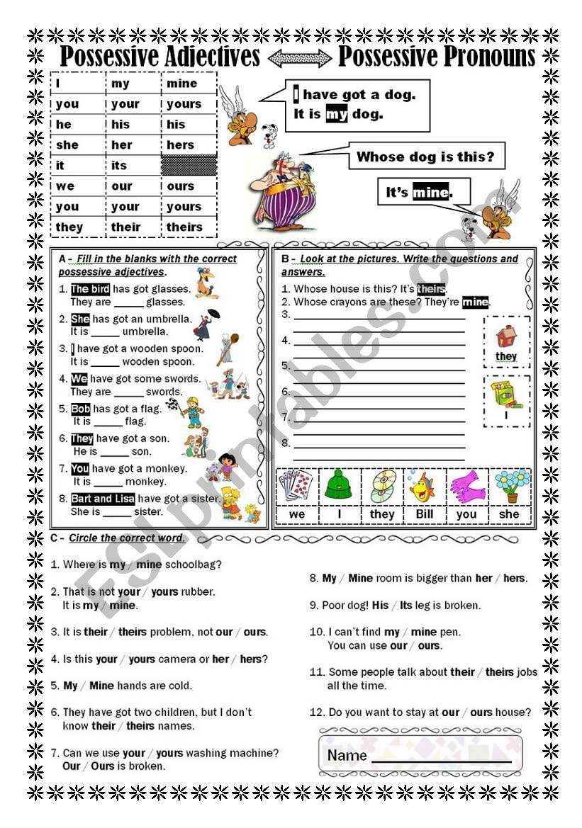 POSSESSIVE ADJECTIVES POSSESSIVE PRONOUNS ESL Worksheet By Jecika