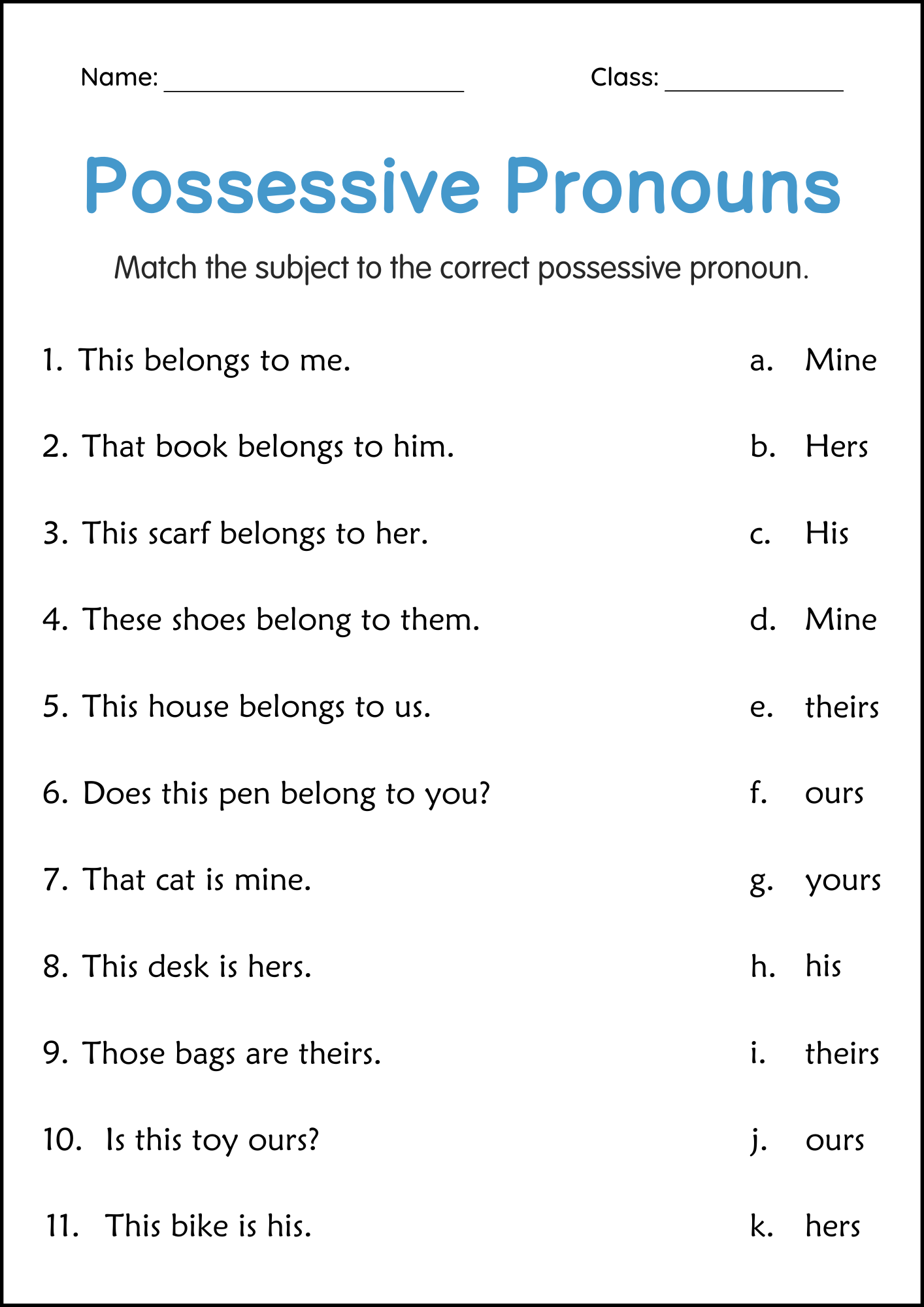 Possessive Pronouns Grammar Activity Worksheets For Grade 2 3 4 Made By Teachers Printable 5th Grade Possessive Pronouns Worksheets