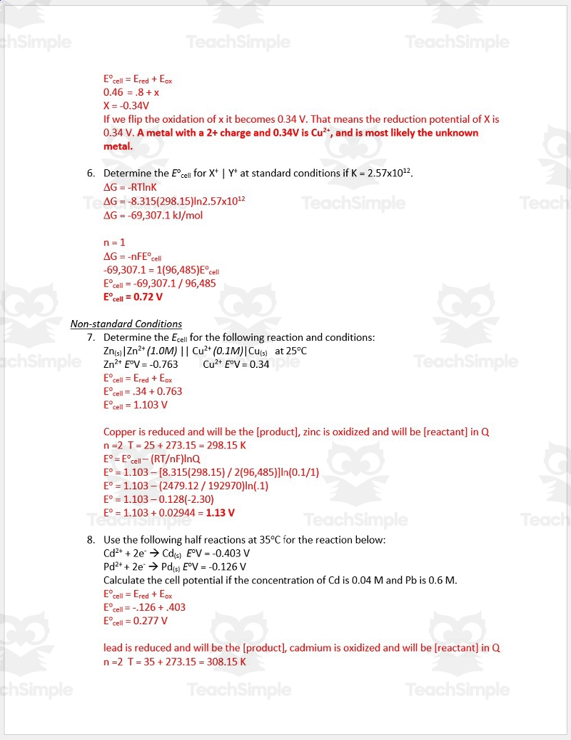 Practice Galvanic Cells Free Energy And Nernst Equation By Teach Simple