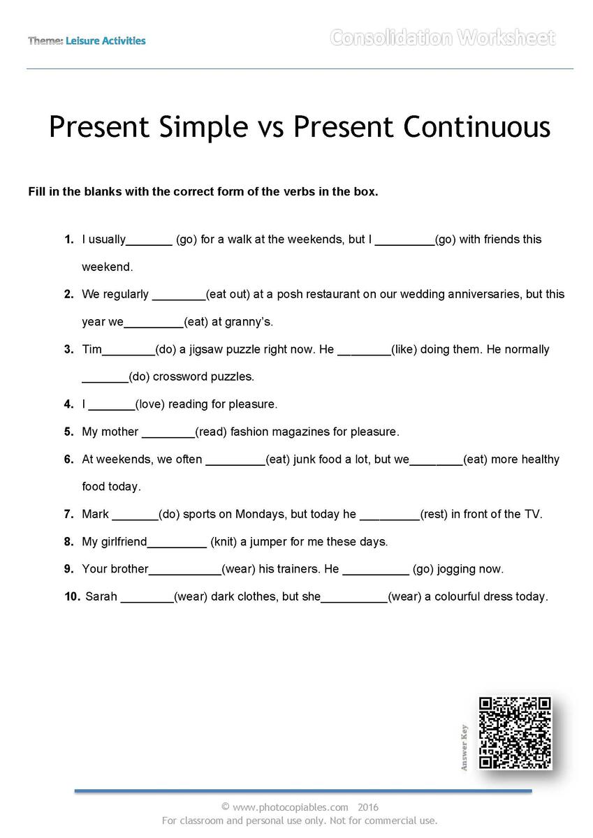 Present Simple And Present Continuous Grammar Worksheet Look At The Images And Write The Sentences Pdf Ezpzlearn