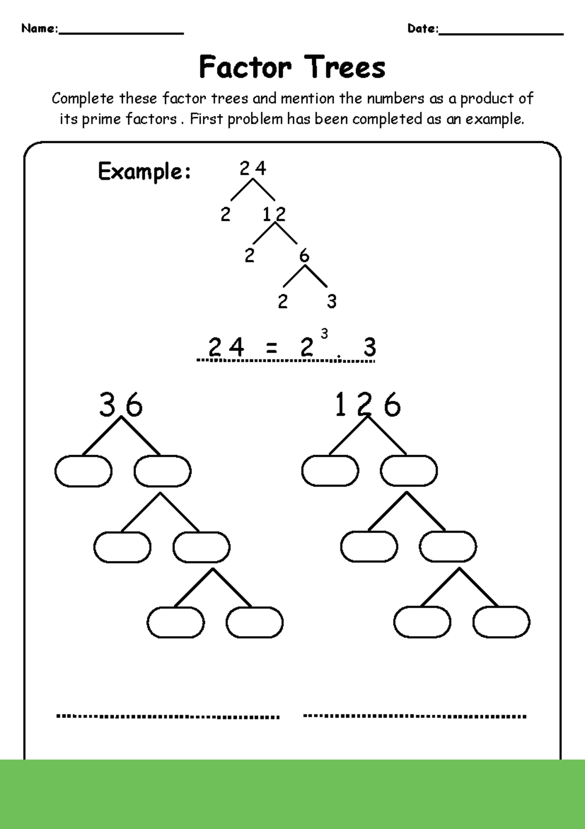 Prime Factorization With Factor Trees 4th Grade Worksheet Name Date 3 6 1 2 6 Factor Trees Studocu Prime Factorization With Factor Trees 4th Grade Worksheet Name Date 3 6 1 2 6 Factor Trees Studocu