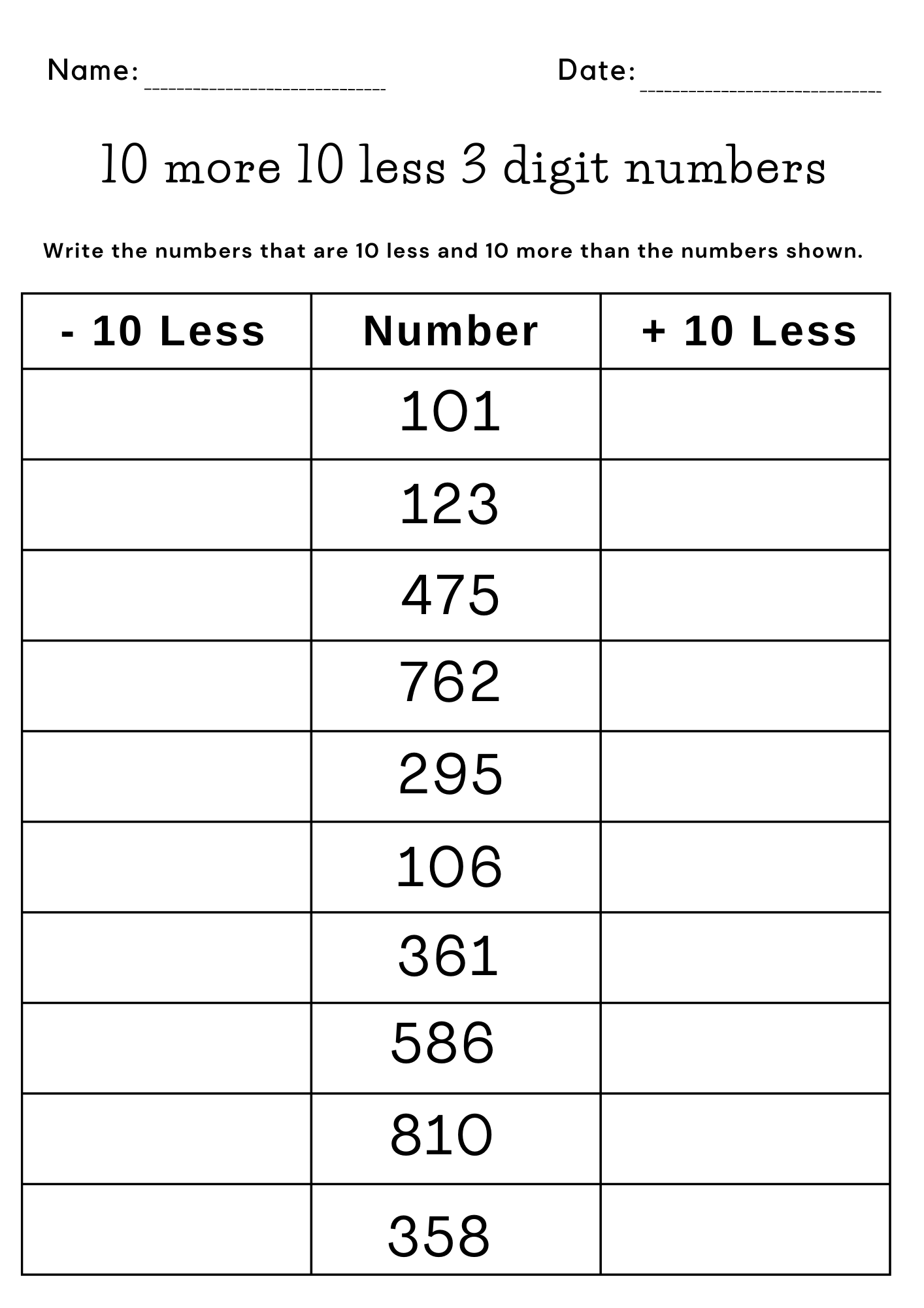 Printable 10 More 10 Less 3 Digit Numbers Worksheet For 1st Grade Made By Teachers