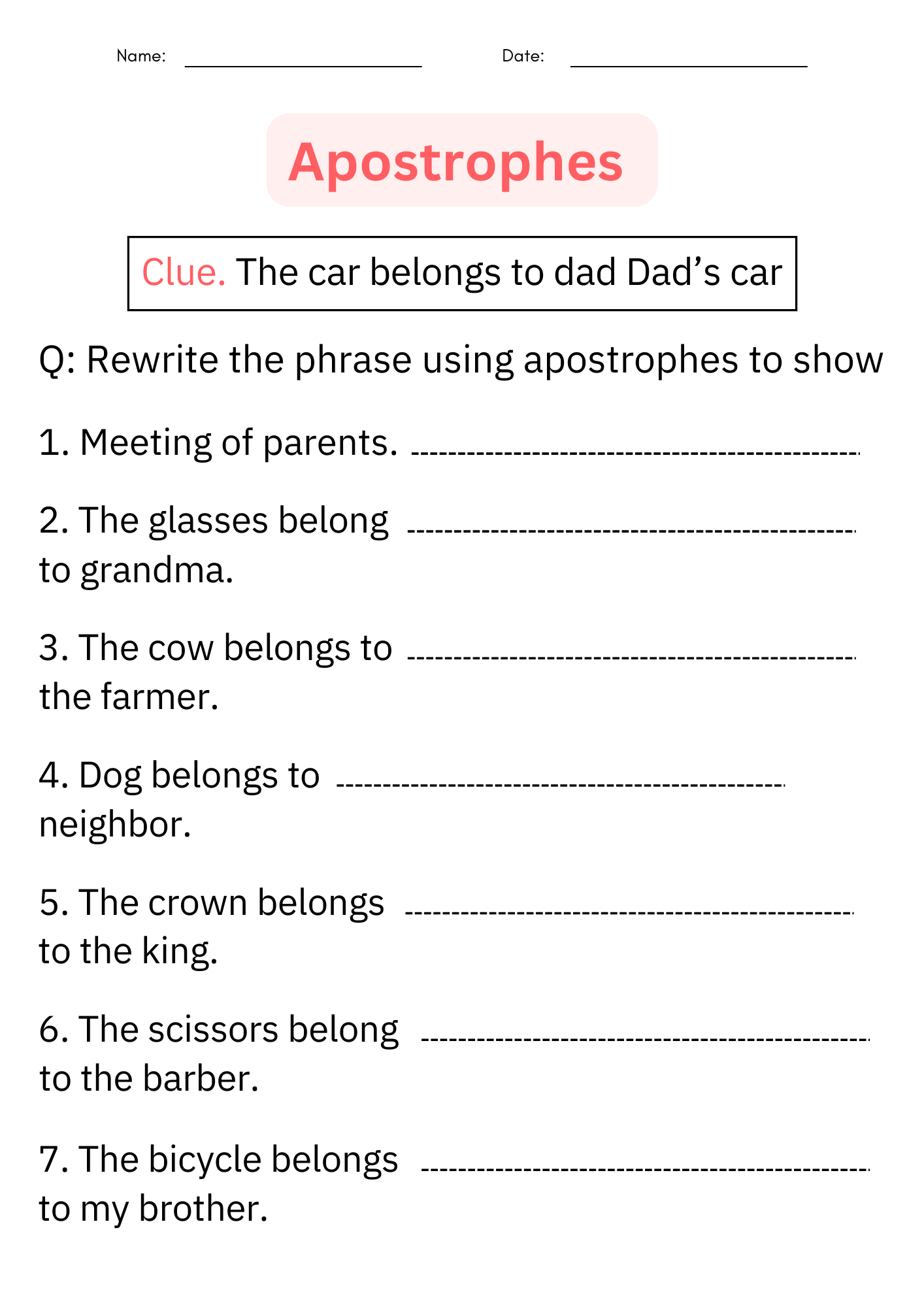 Possessive Nouns Worksheets Writing Singular Possessive Nouns Worksheets