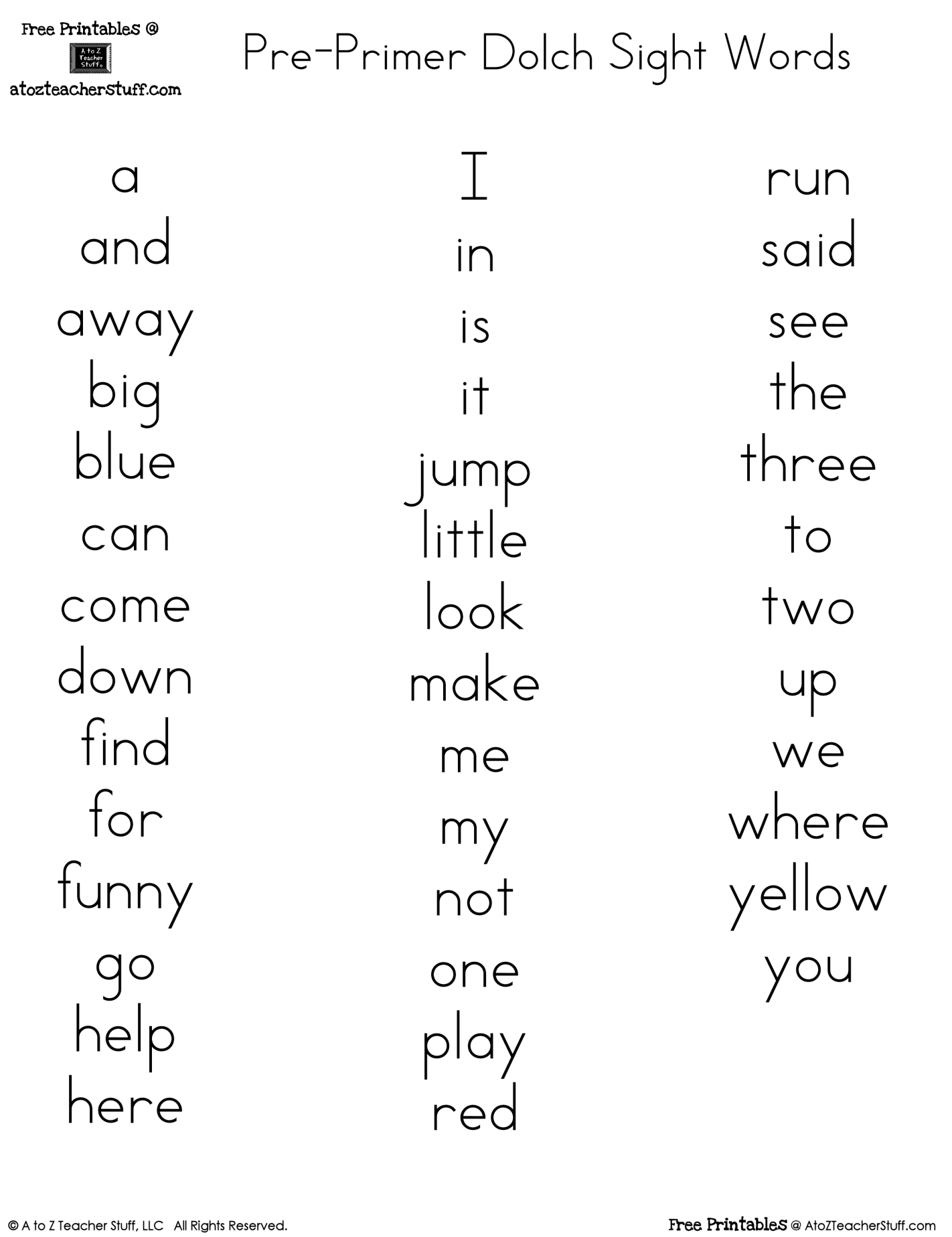 Printable Dolch Word Lists A To Z Teacher Stuff Printable Dolch Word Lists A To Z Teacher Stuff