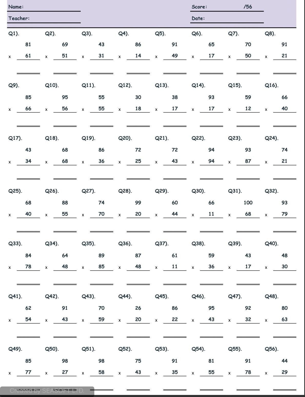 Printable Math Worksheets Multiplication Homeschool Instant Download With Answers Etsy Finland