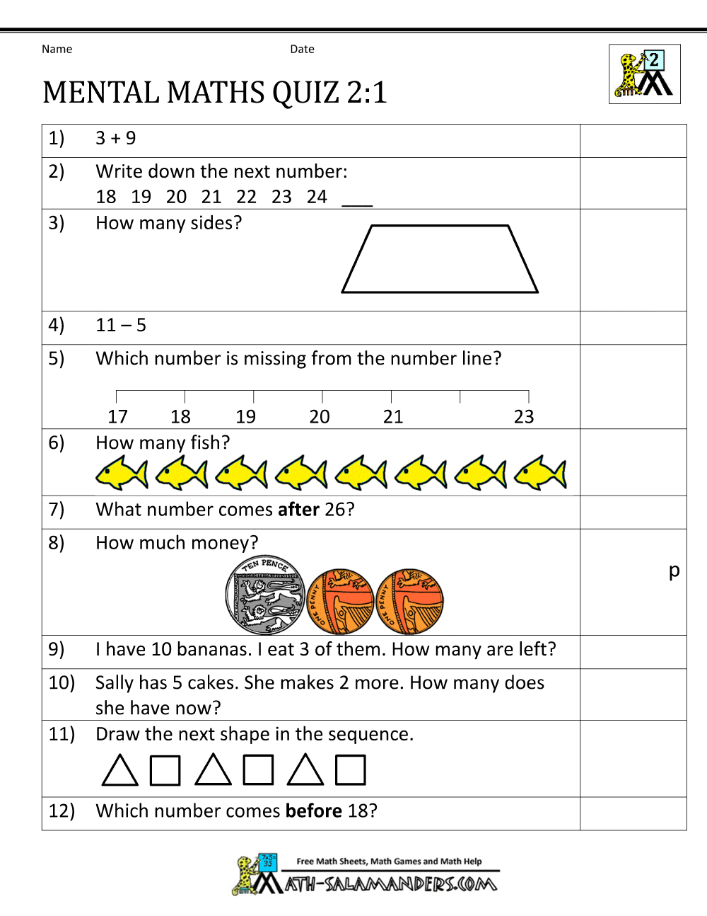 2nd Grade Mental Math Worksheets