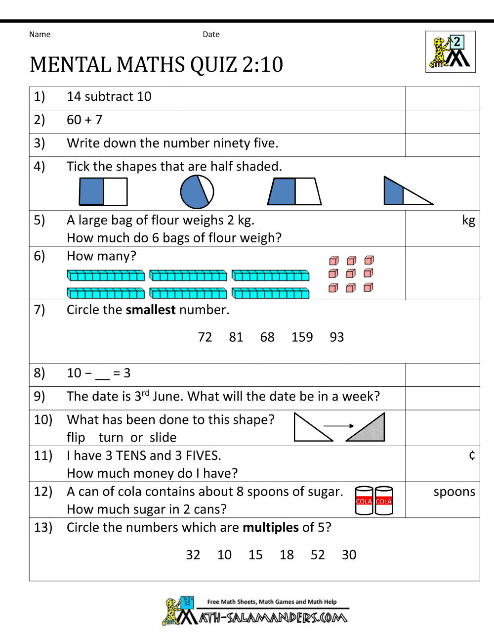 Printable Mental Maths Year 2 Worksheets