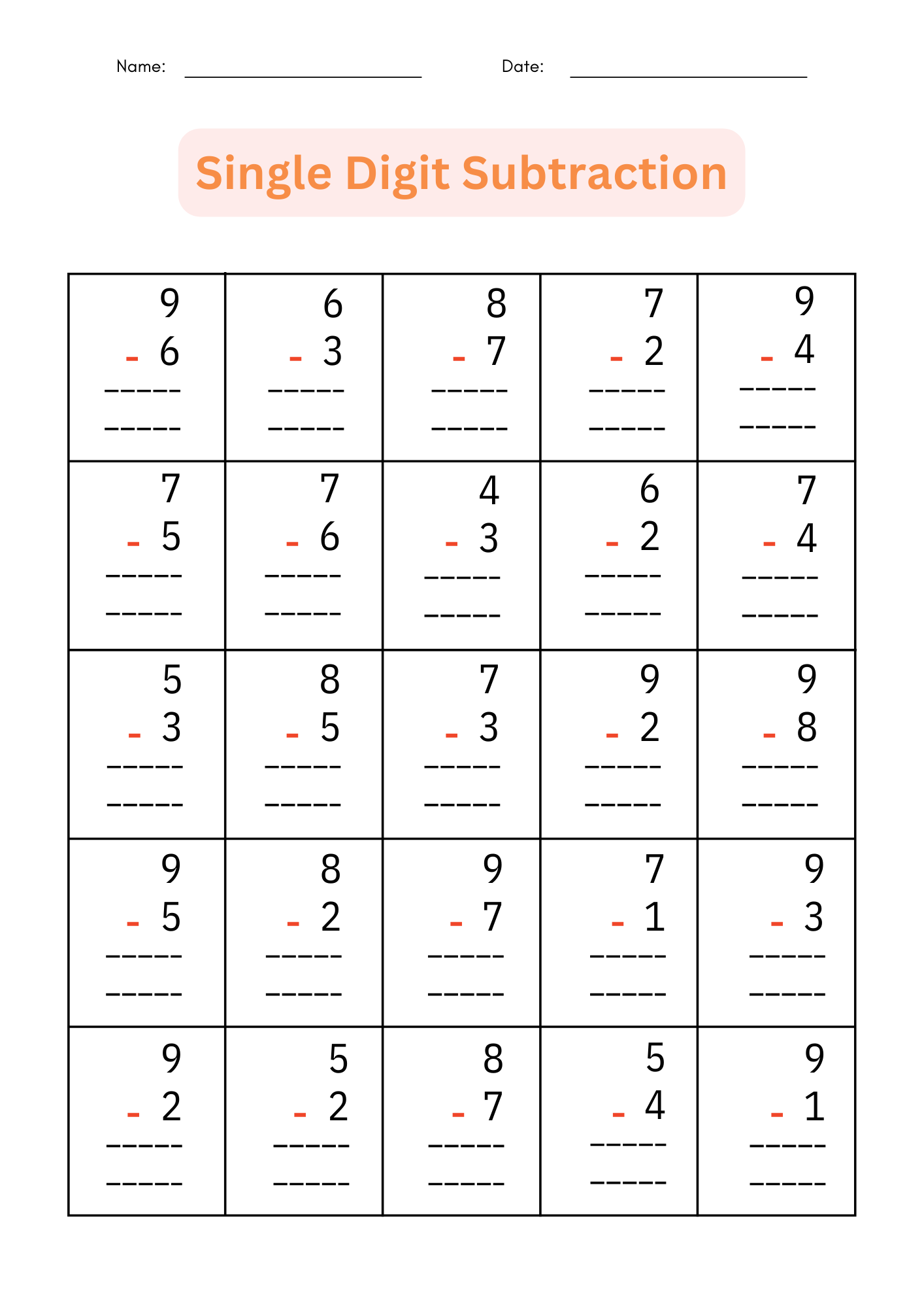 Printable Single Digit Subtraction 1 To 10 Number Math Worksheets For Grade 1 2 Made By Teachers Subtraction Worksheets Free Printable Math Drills Free Printables Lettering SVG Files Tools Apps