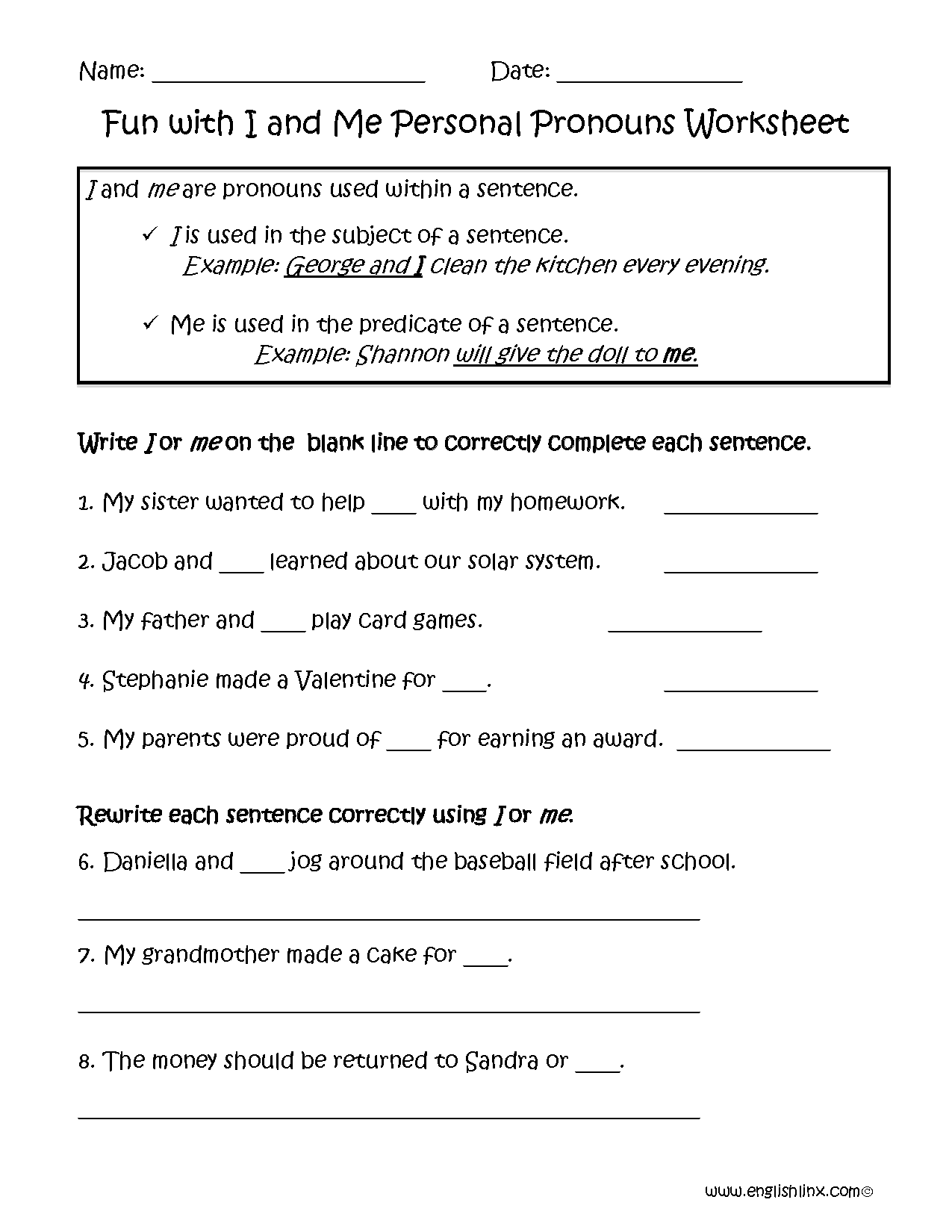 Pronouns Worksheets Personal Pronouns Worksheets