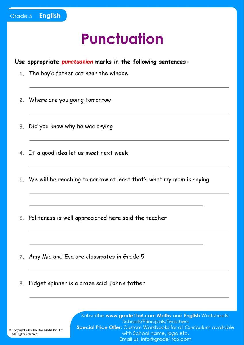 Punctuation Worksheets For Class 5 CBSE Grade1to6