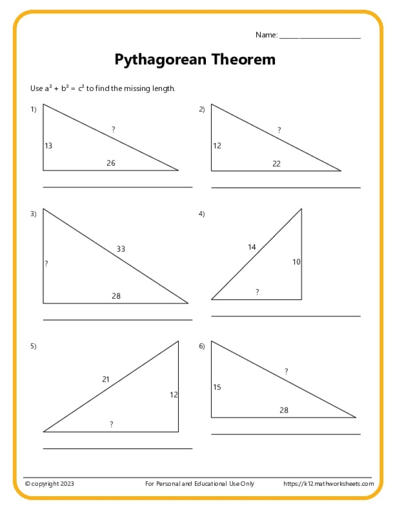 Pythagorean Theorem Worksheets Pythagoras Theorem Questions