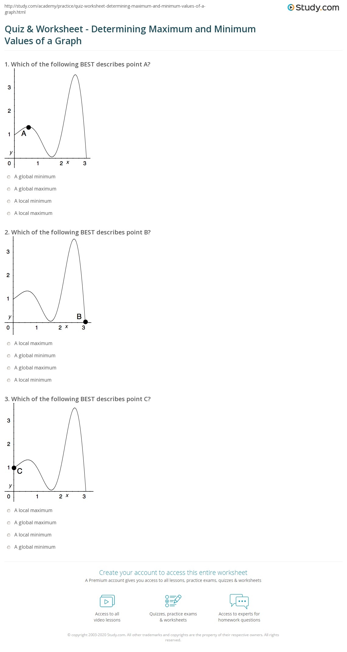 Quiz Worksheet Determining Maximum And Minimum Values Of A Graph Study