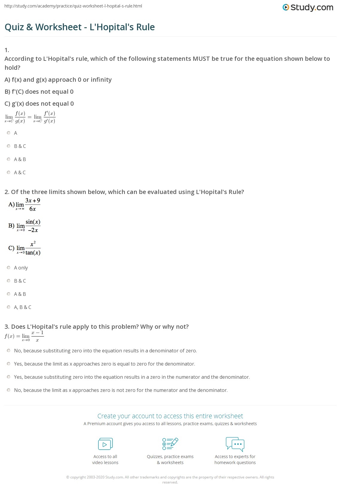 Quiz Worksheet L Hopital S Rule Study L H Pital S Rule Worksheet Calculus Review Studocu