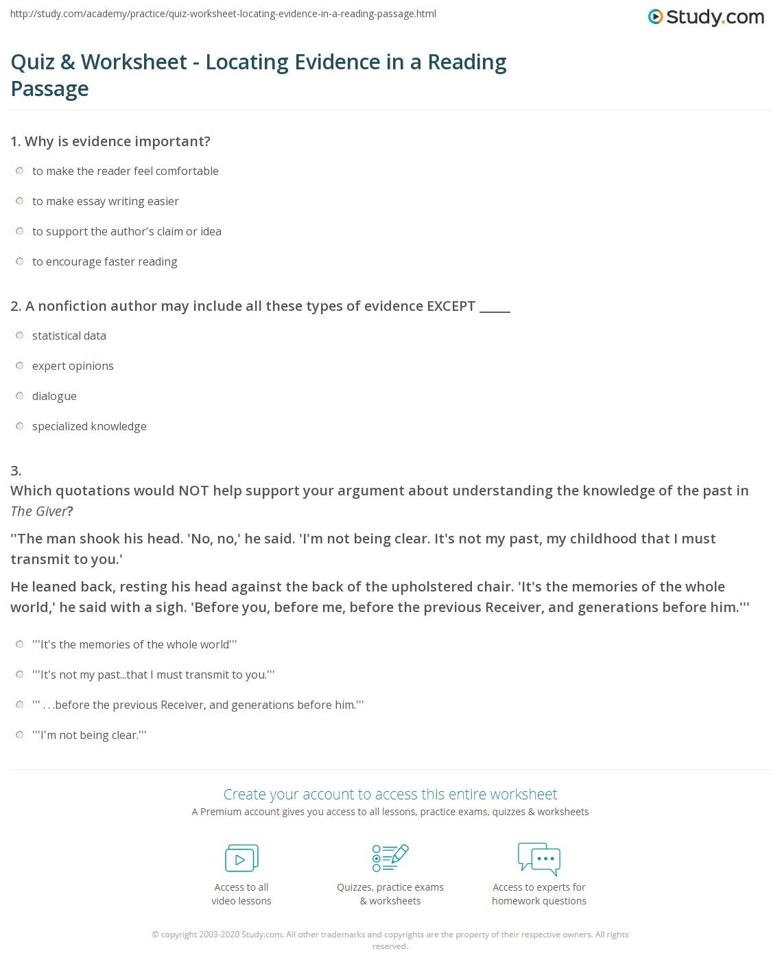 Quiz Worksheet Locating Evidence In A Reading Passage Study