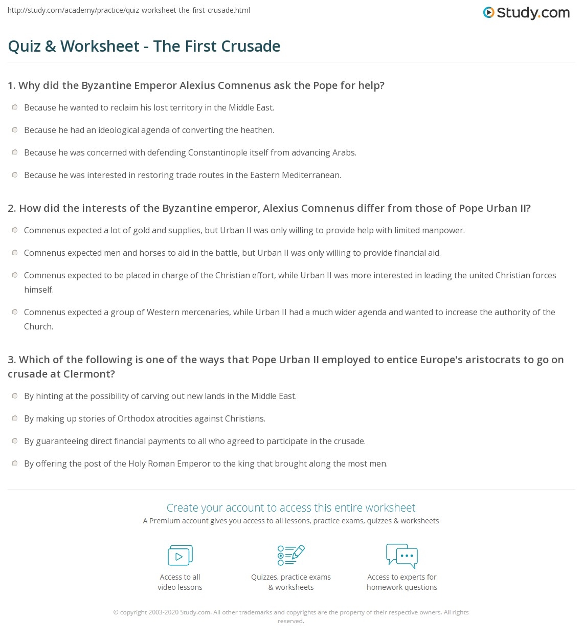 Quiz Worksheet The First Crusade Study