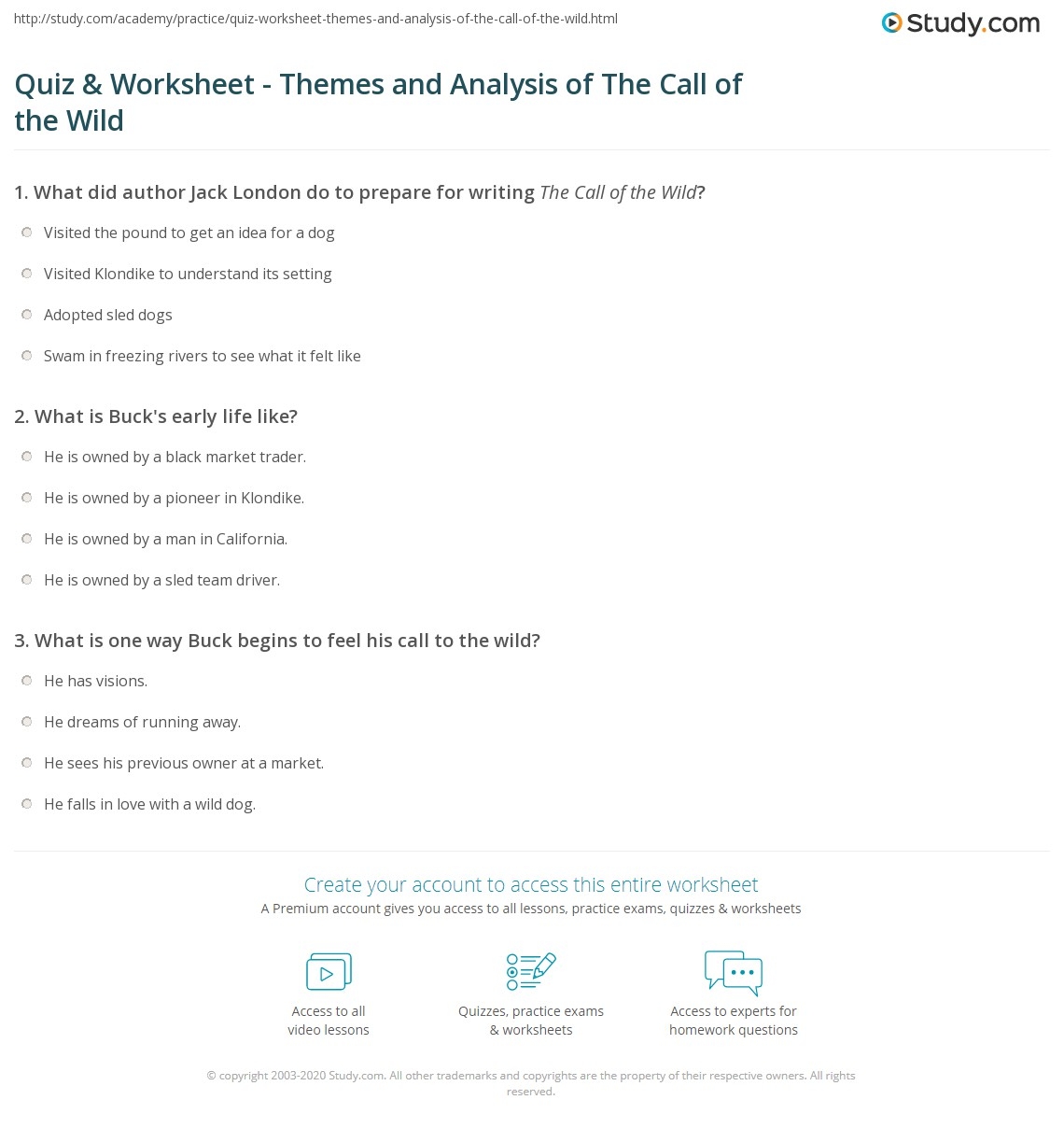 Quiz Worksheet Themes And Analysis Of The Call Of The Wild Study