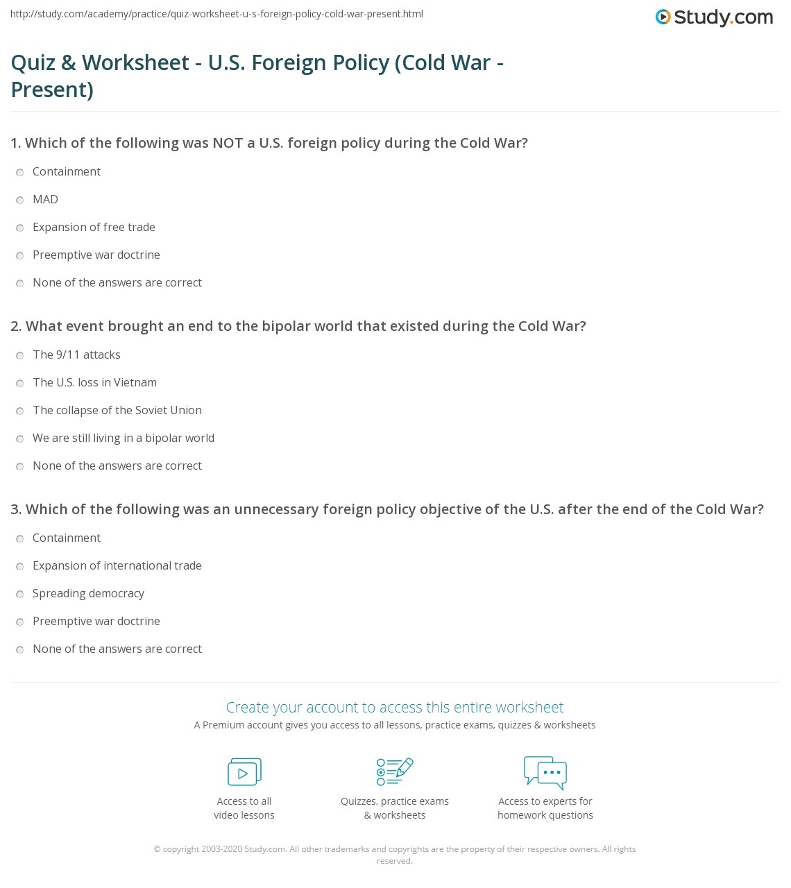 Quiz Worksheet U S Foreign Policy Cold War Present Study