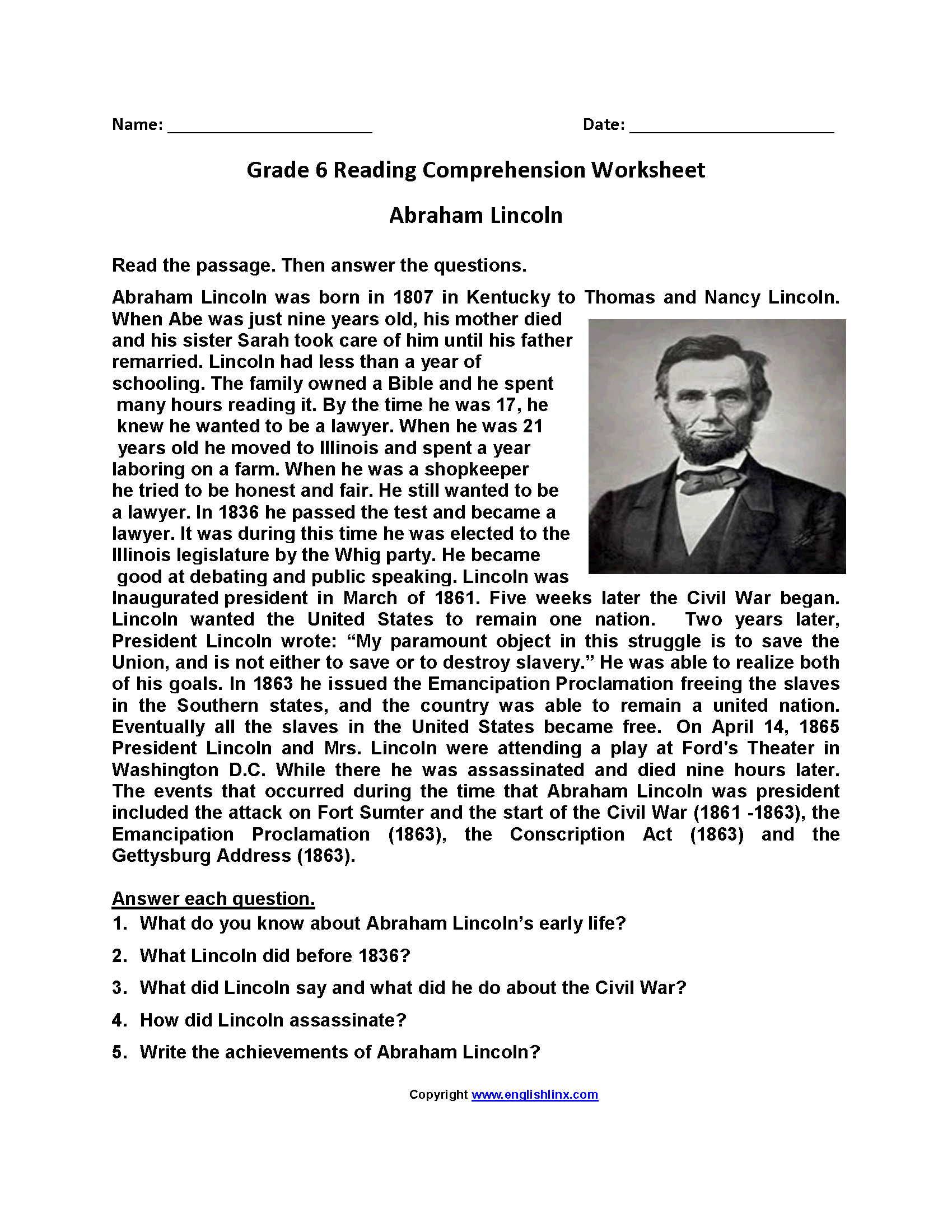 Reading Worksheets Printable Reading Skills By Grade Topic Grade 6 Reading Comprehension Grade1to6