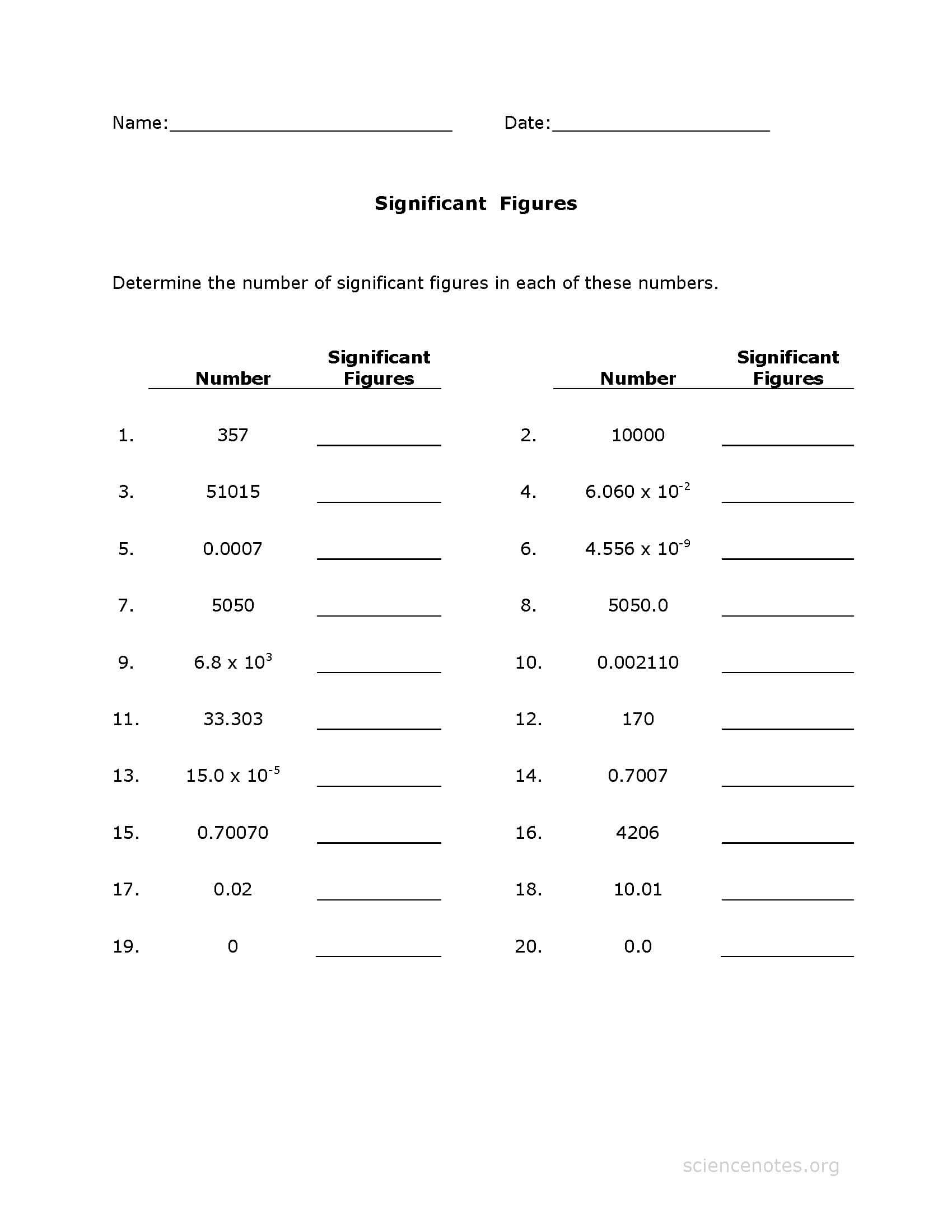 Significant Figures Worksheet Significant Figures Worksheet
