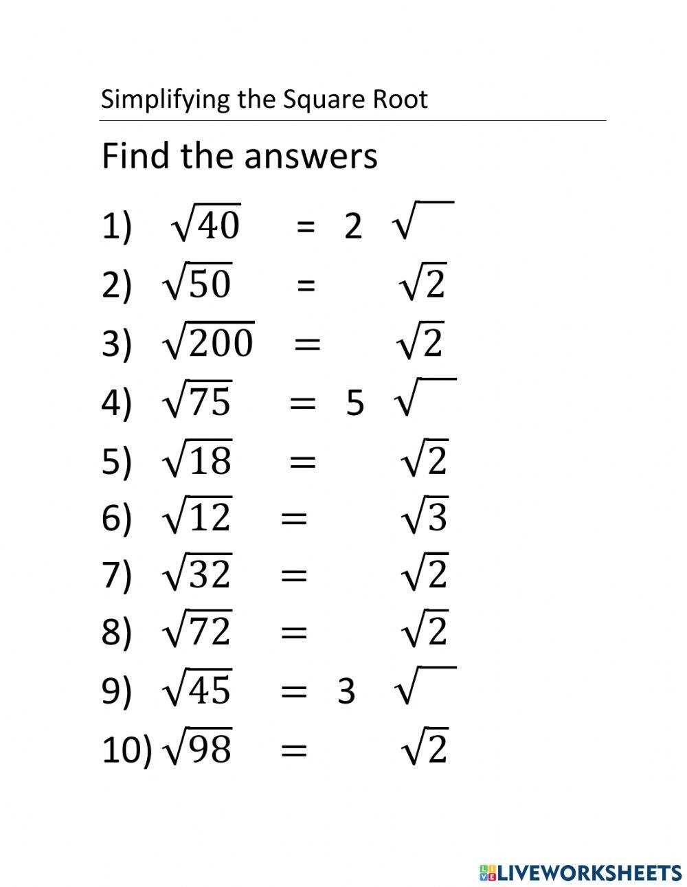 Simplifying The Square Root Worksheet Worksheets Library