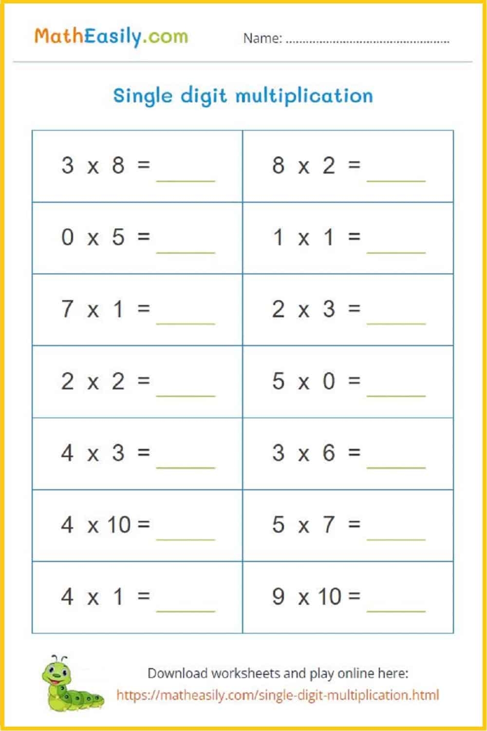 Single Digit Multiplication Games Worksheets Single Digit Multiplication Games Worksheets