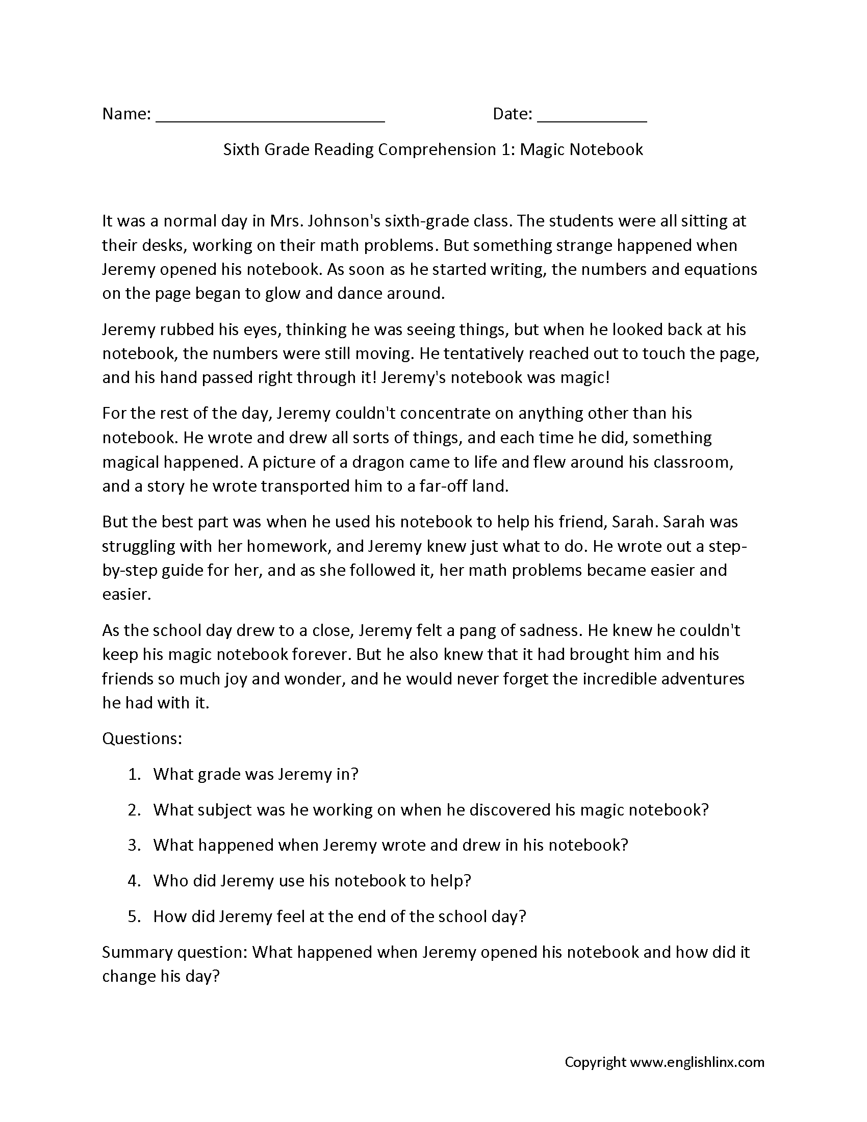 Reading 6 Grade Worksheet Worksheets Library