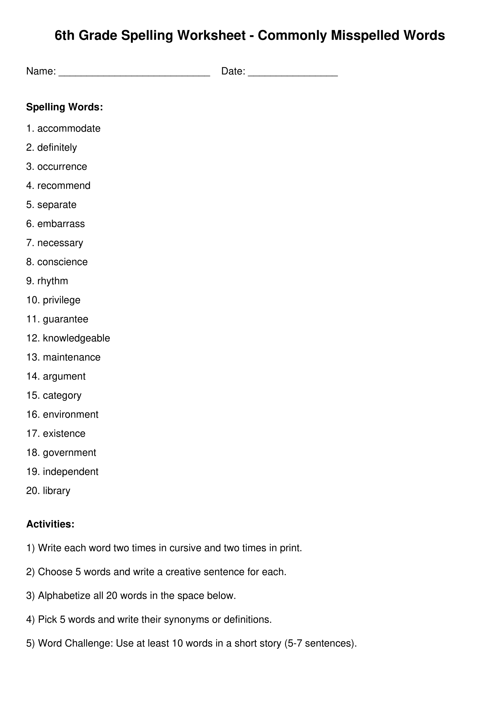Sixth Grade Spelling Worksheets Printable Word Lists Vocabulary Practice