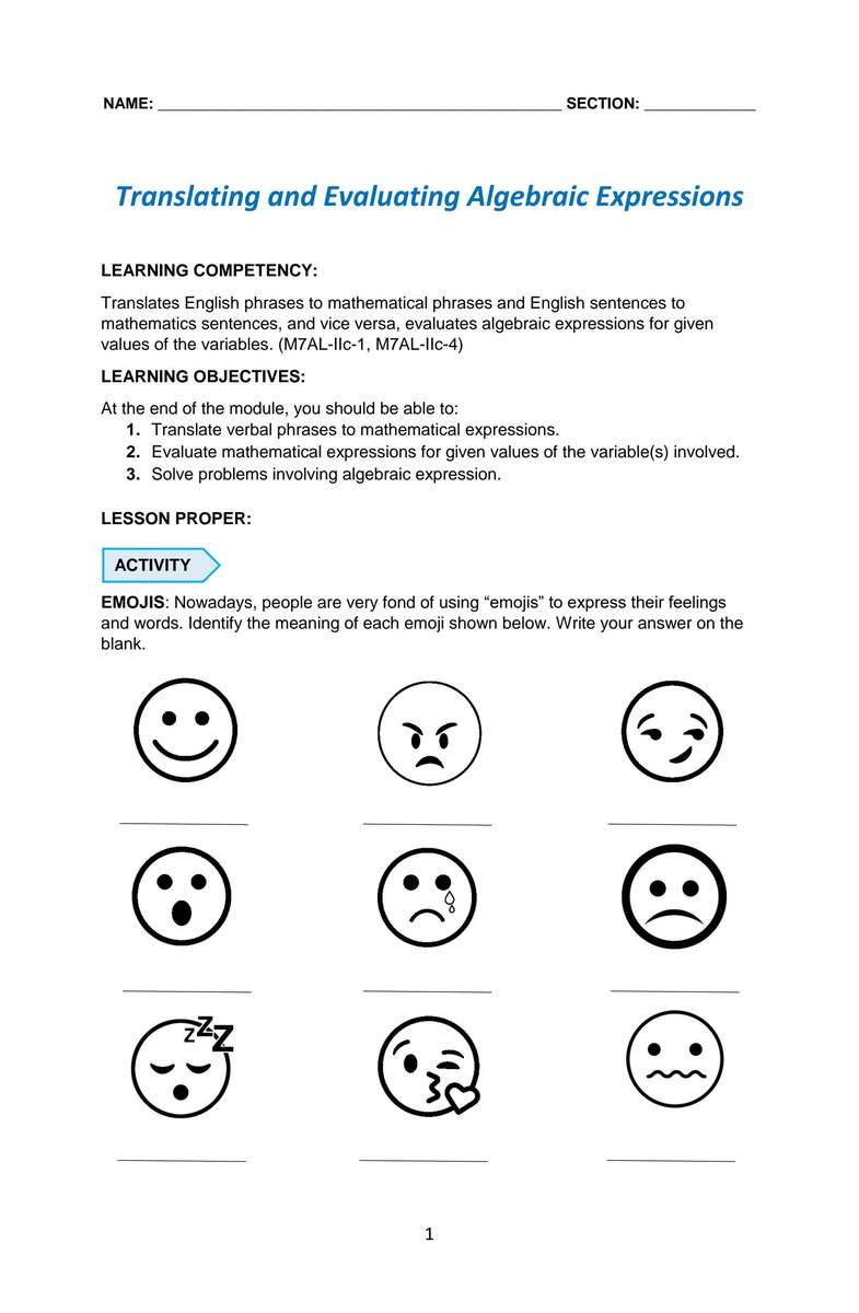 SOLUTION Translating And Evaluating Algebraic Expressions Study Worksheets Library