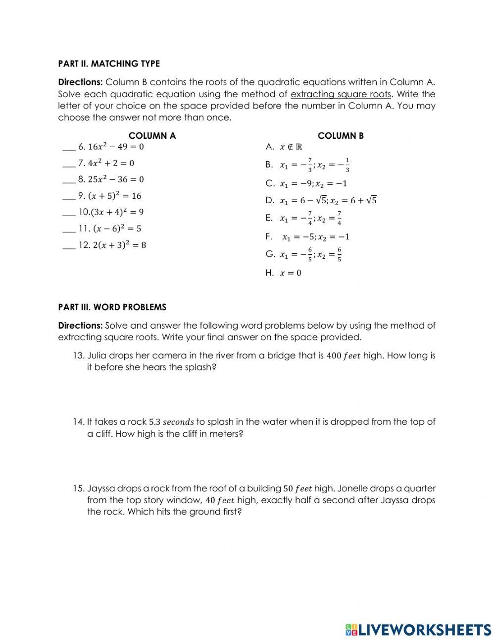 Solving Quadratic Equations Using Extracting Square Roots Worksheets Library