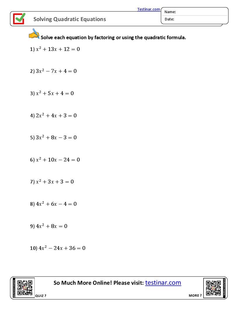 Solving Quadratic Equations Worksheets Solving Quadratic Equations Worksheets