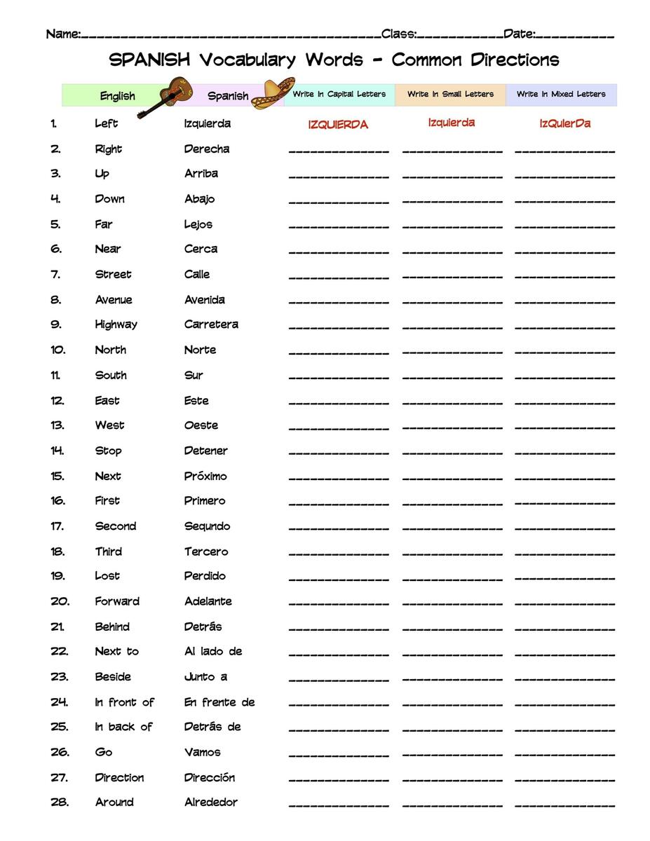 Spanish Common Directions Vocabulary Word List Column Worksheet Made By Teachers