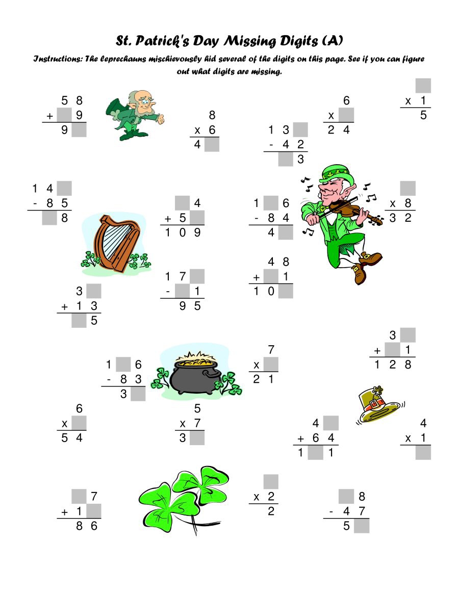 St Patricks Day Worksheets Best Coloring Pages For Kids FREE St Patrick S Day Math Equation Mats Printable K 4th Grade