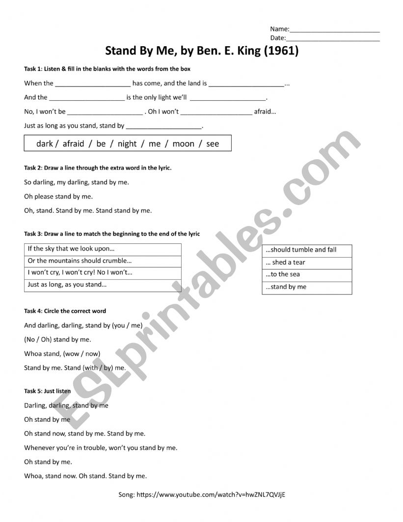 Stand By Me Ben E King ESL Worksheet By Shacurington