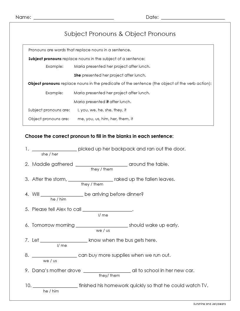 Subject Object Pronouns 4 Worksheets Grades 4 5 6 Great Practice Made By Teachers