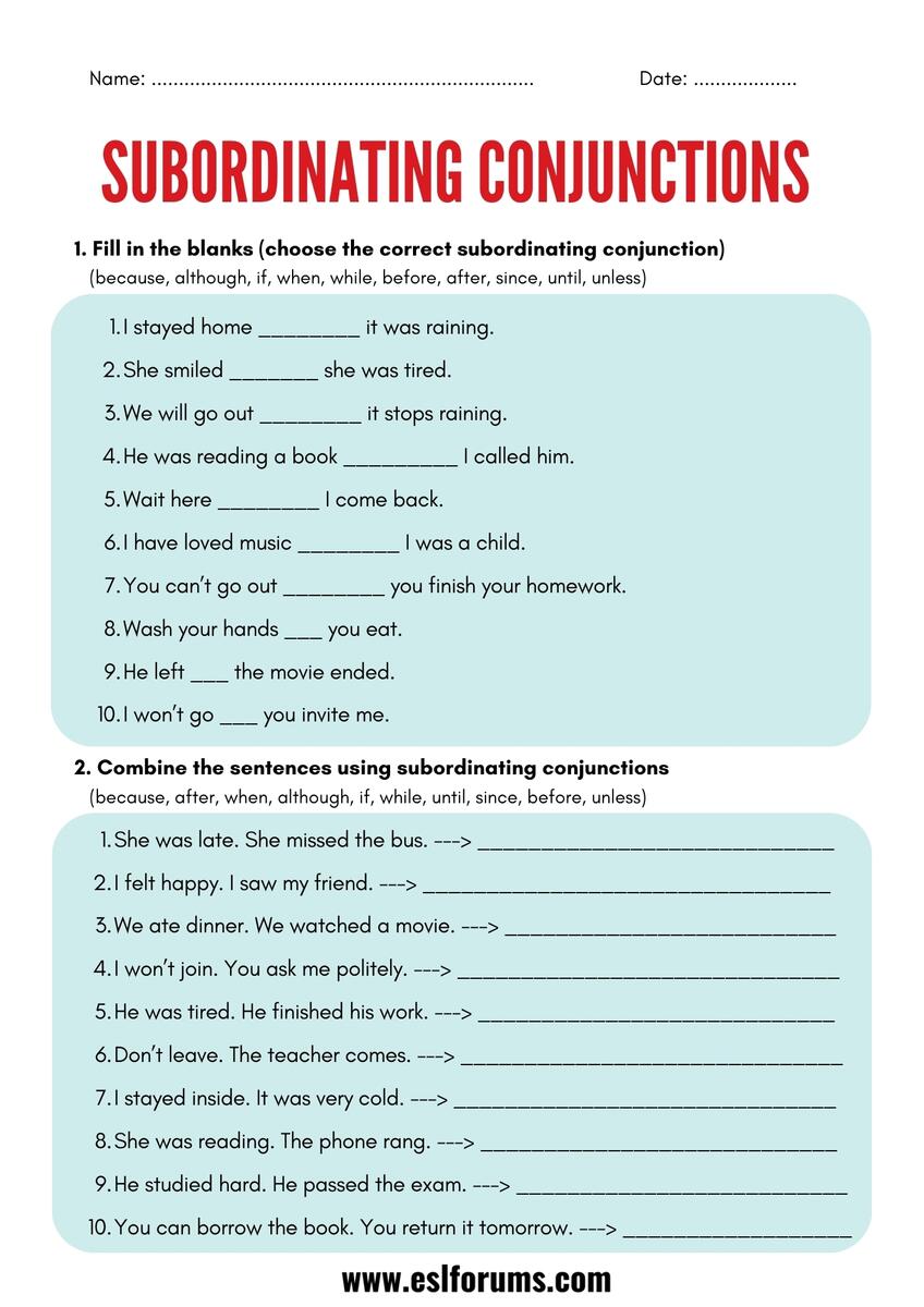 Subordinating Conjunctions Worksheets And Exercises ESL Forums 6 Subordinate Clause Examples