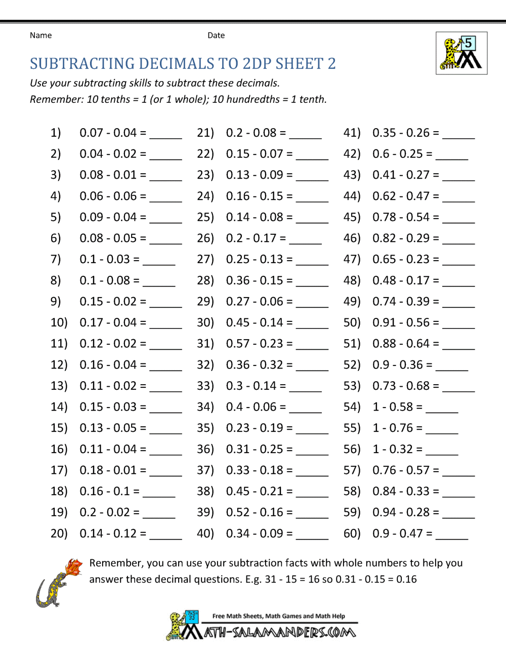 Free Subtracting Decimals Worksheets Teach Prints