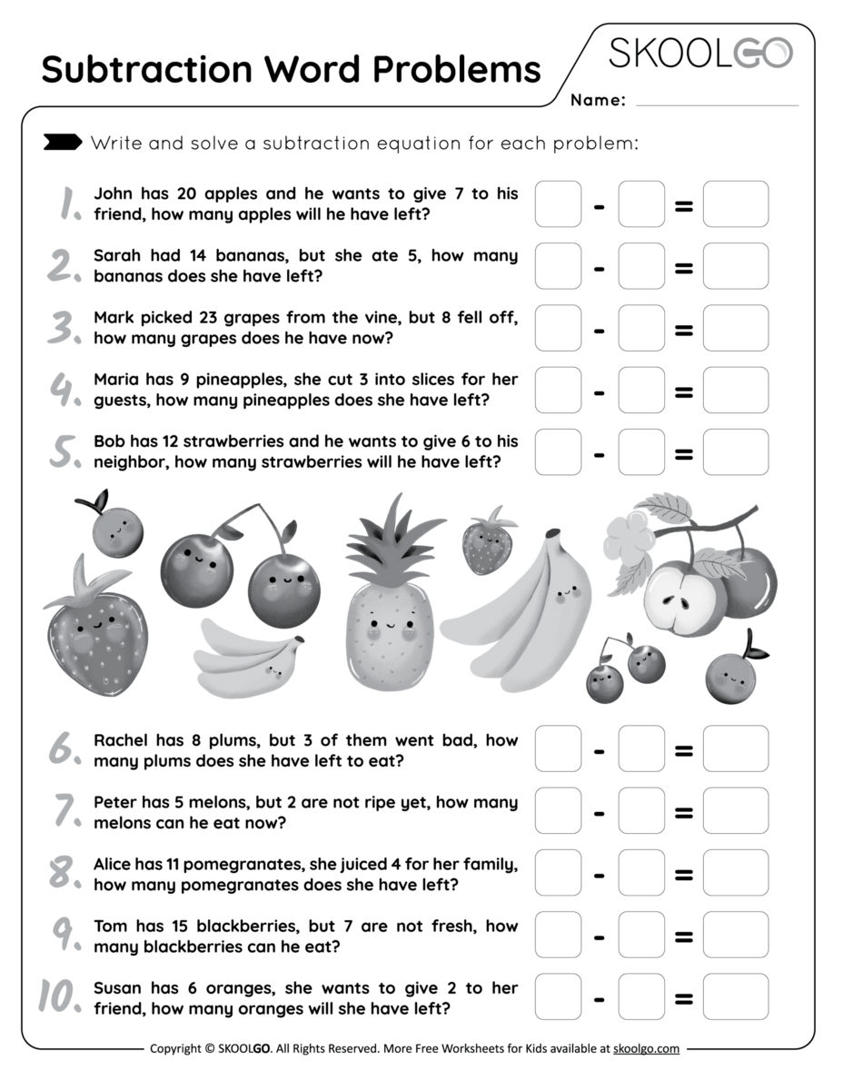 Subtraction Word Problems Free Worksheet For Kids SKOOLGO