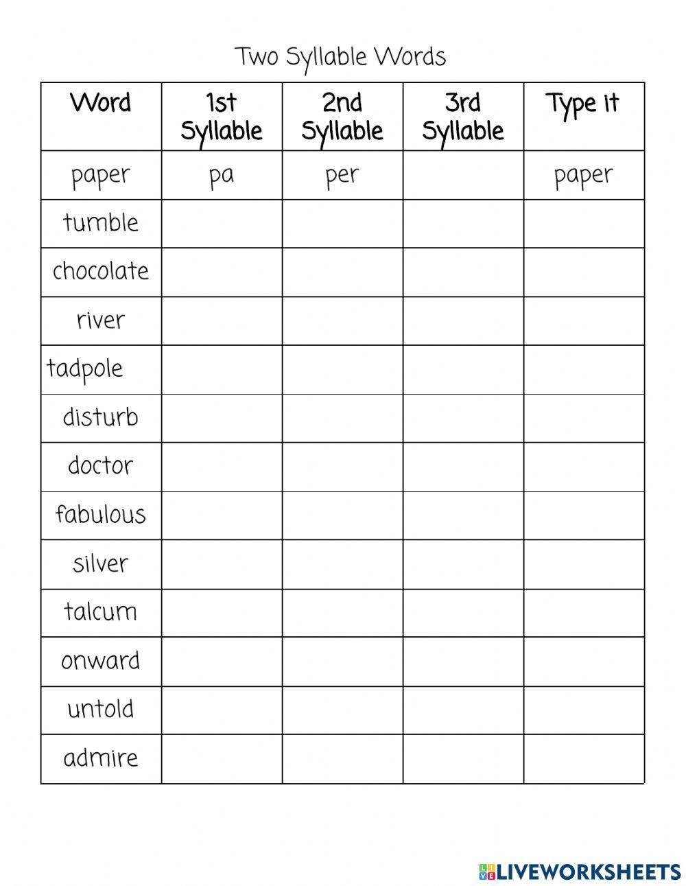 Syllable Division Worksheet Worksheets Library