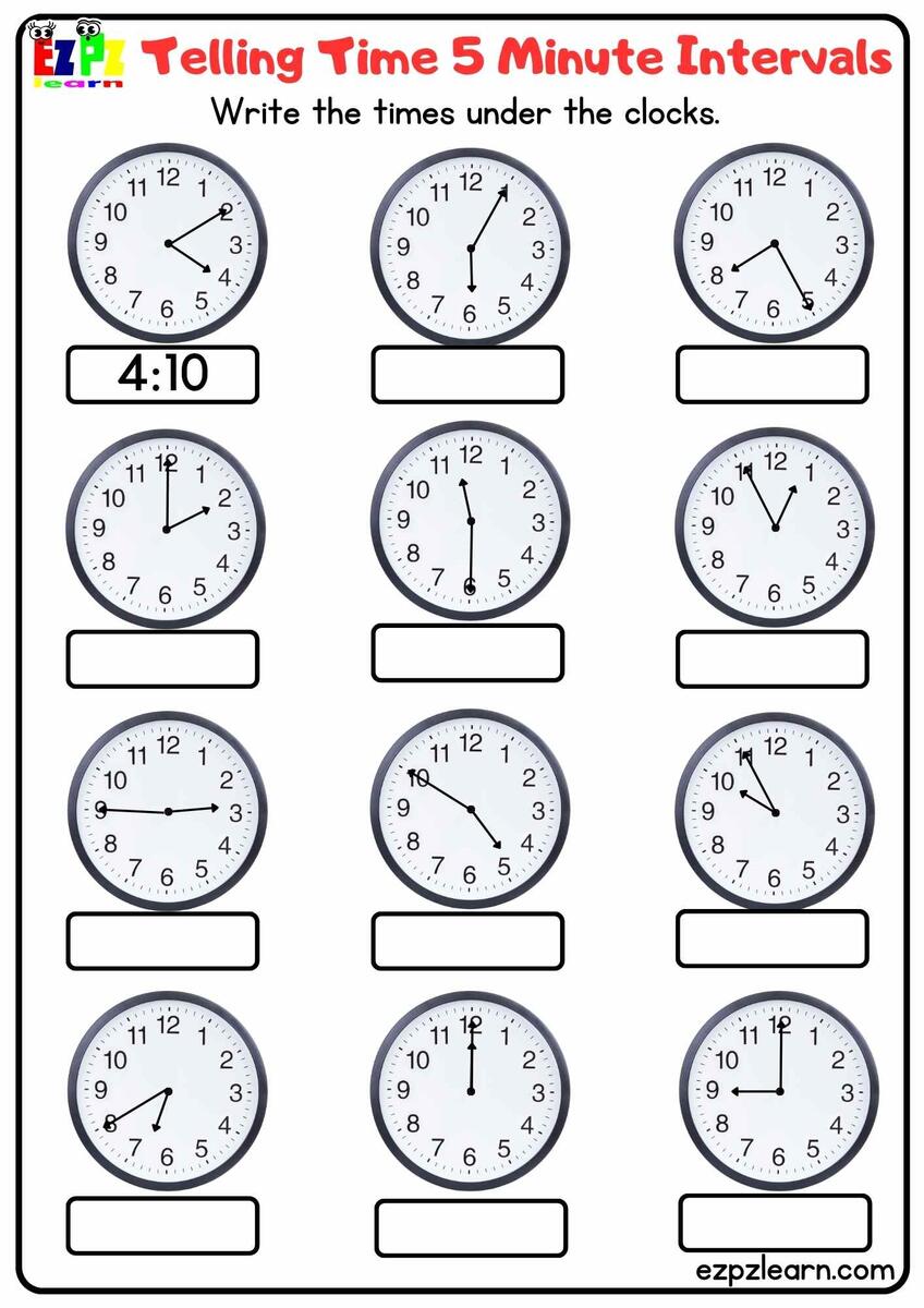 Telling Time 5 Minute Intervals Write The Times For Homeschool Worksheets Library
