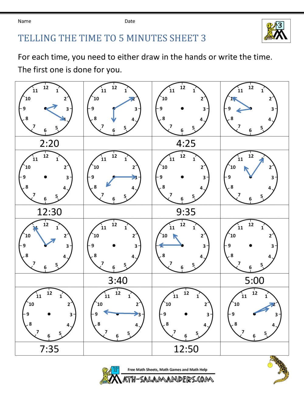 Free Telling Time To Five Minutes Worksheets Teach Prints