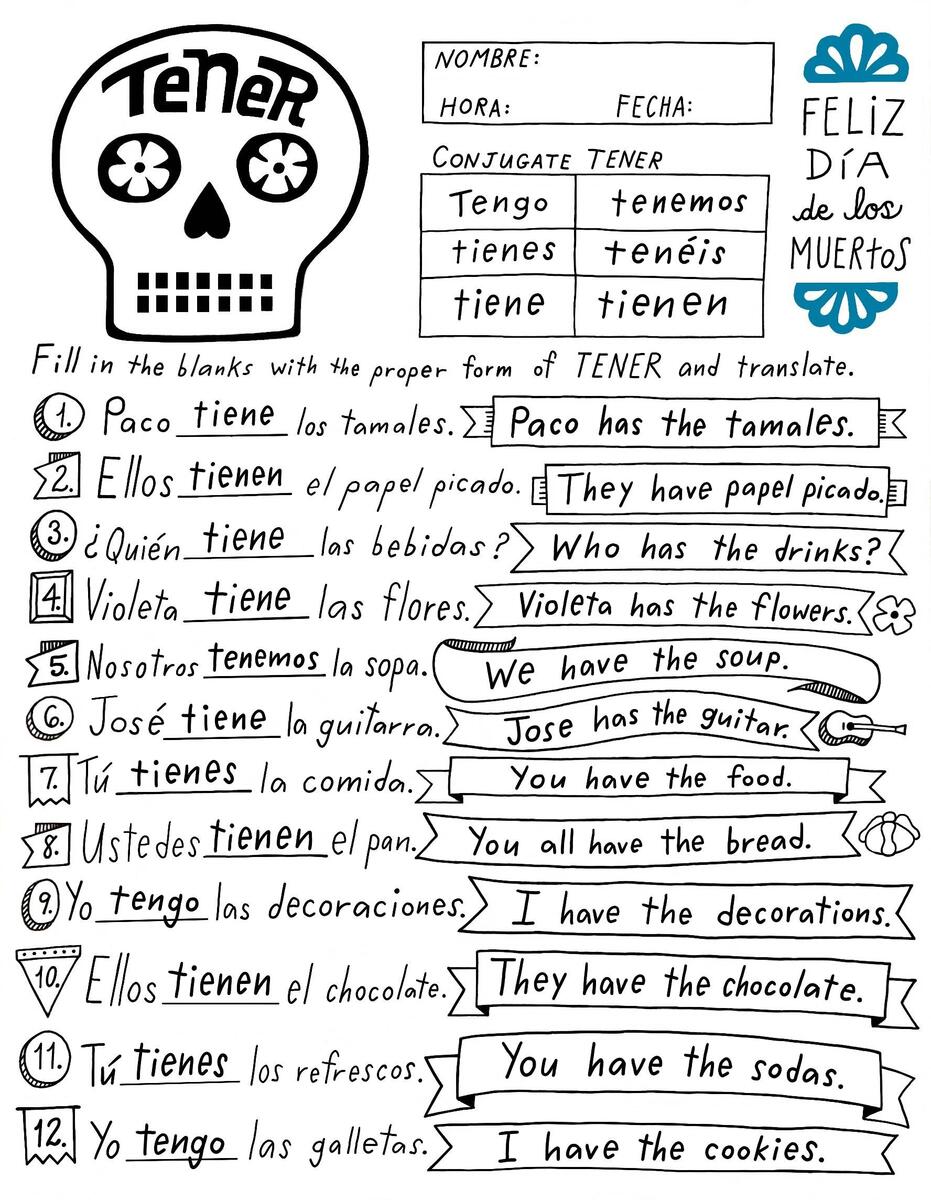 Tener Worksheet D A De Los Muertos Spanish Verb Day Of The Dead TPT The Verb TENER In Spanish PDF Worksheet Spanish Learning Lab