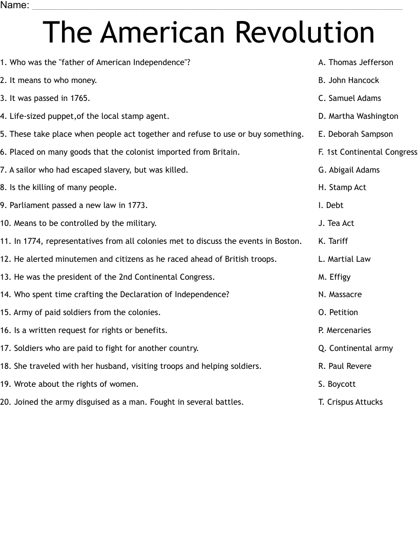 The American Revolution Worksheet WordMint The American Revolution Worksheet WordMint