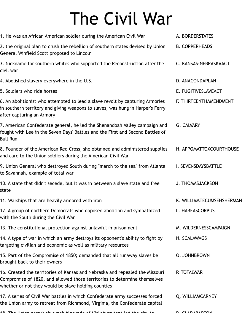 The Civil War Worksheet WordMint Civil War Era Matching Activity Worksheet WordMint