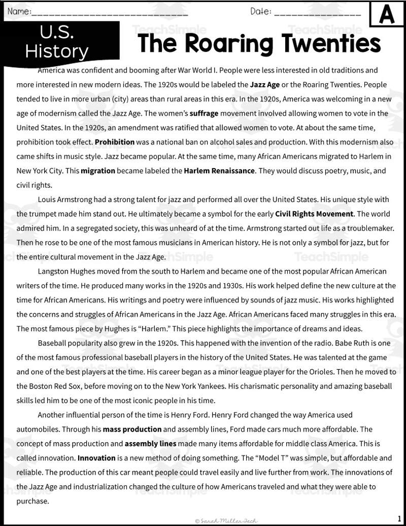 The Roaring Twenties Reading Packet Worksheets Library